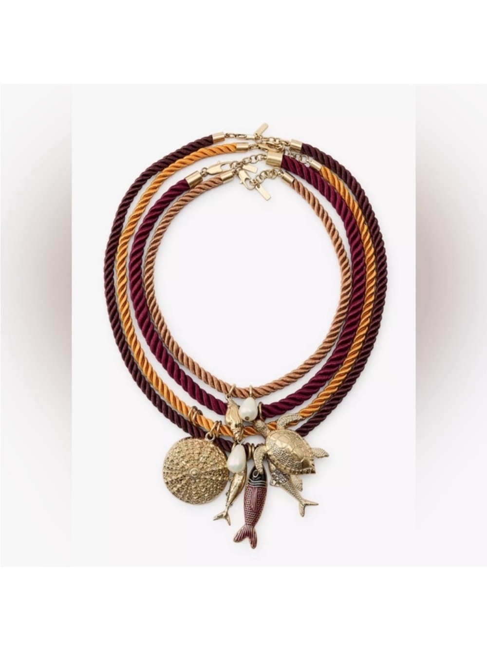 Zara Gold-Sea Charm Multi-Strand Necklace in Burgundy, Mustard & Tan